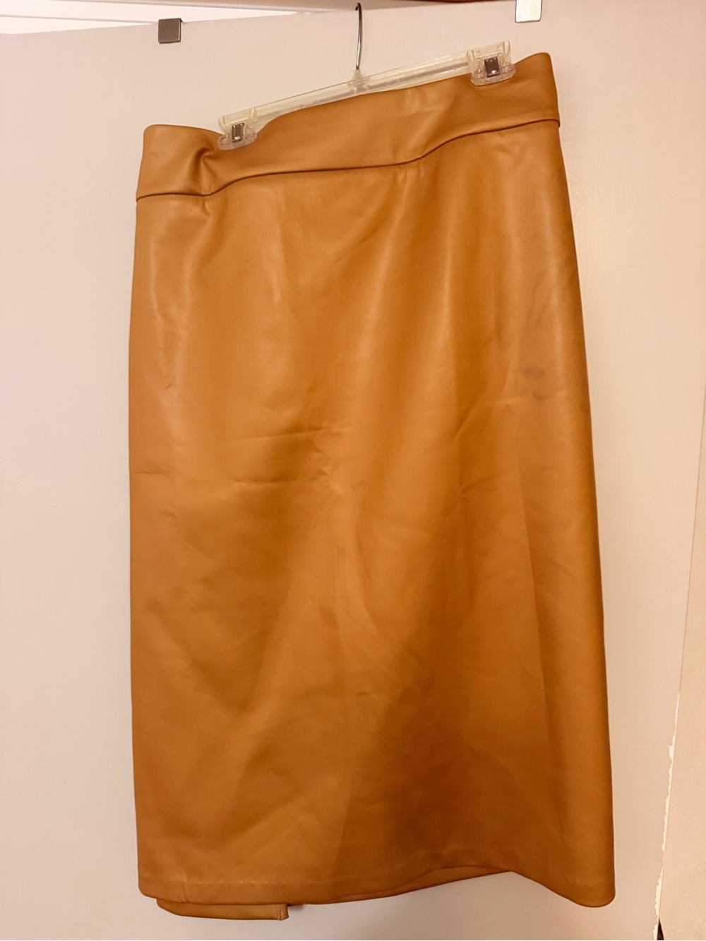 Ashley Stewart Faux Leather Midi Skirt in Camel Brown